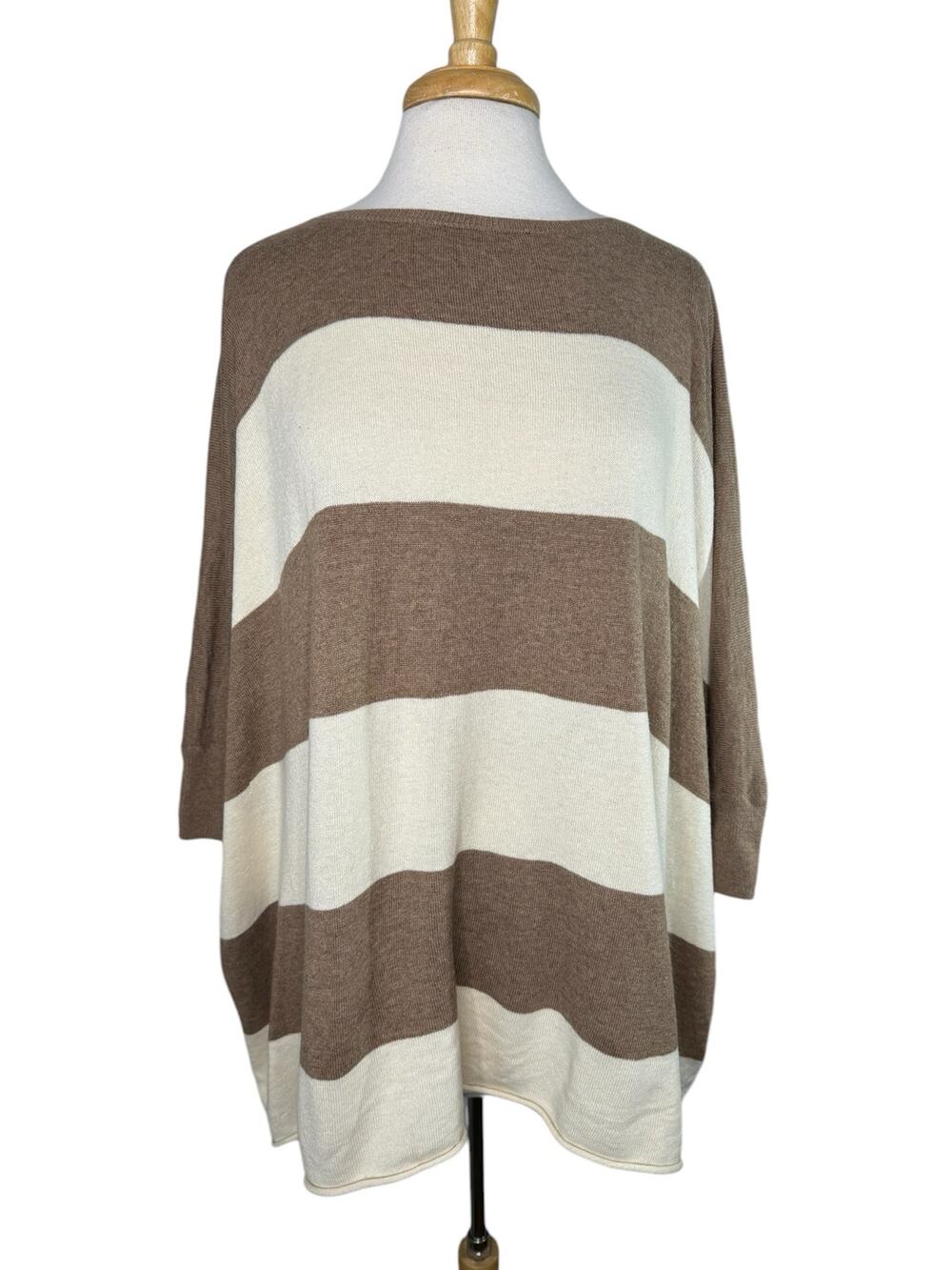 MOTH Anthropologie Tan Ivory Wool Blend Stripe Minimalist Sweater Size Medium